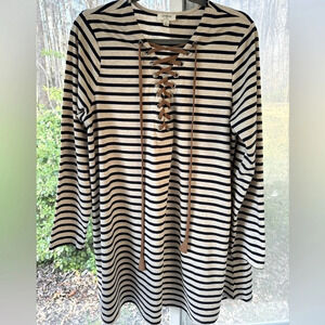 Unique Umgee USA M Tan w/black striped dress. Suede lace-up top front & elbows.